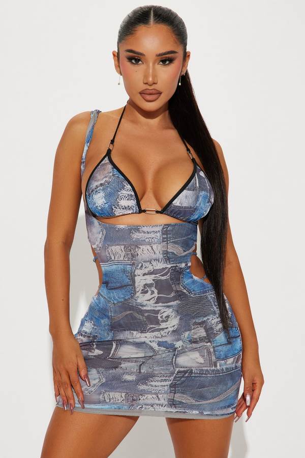 Blue Fashion Nova Denim Mood Mesh Mini Set Women Dress USA | 174356RTH