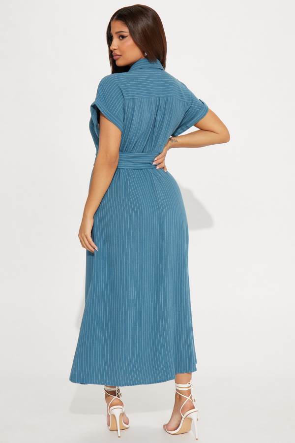 Blue Fashion Nova Eliza Button Up Maxi Women Dress USA | 926135JIM