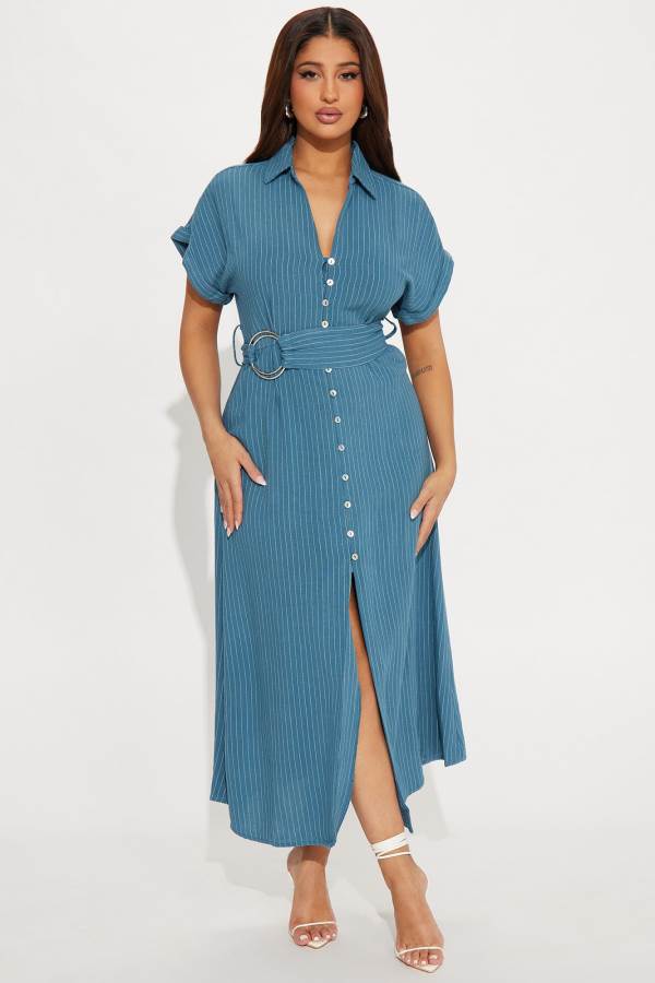 Blue Fashion Nova Eliza Button Up Maxi Women Dress USA | 926135JIM