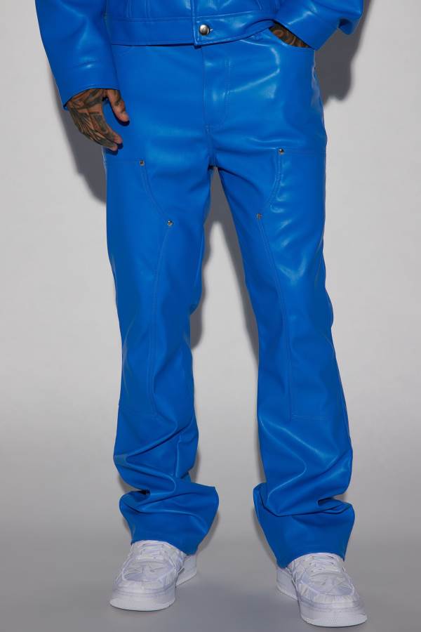 Blue Fashion Nova Elliot Stacked Slim Flared PU Men Pants USA | 289076YVA