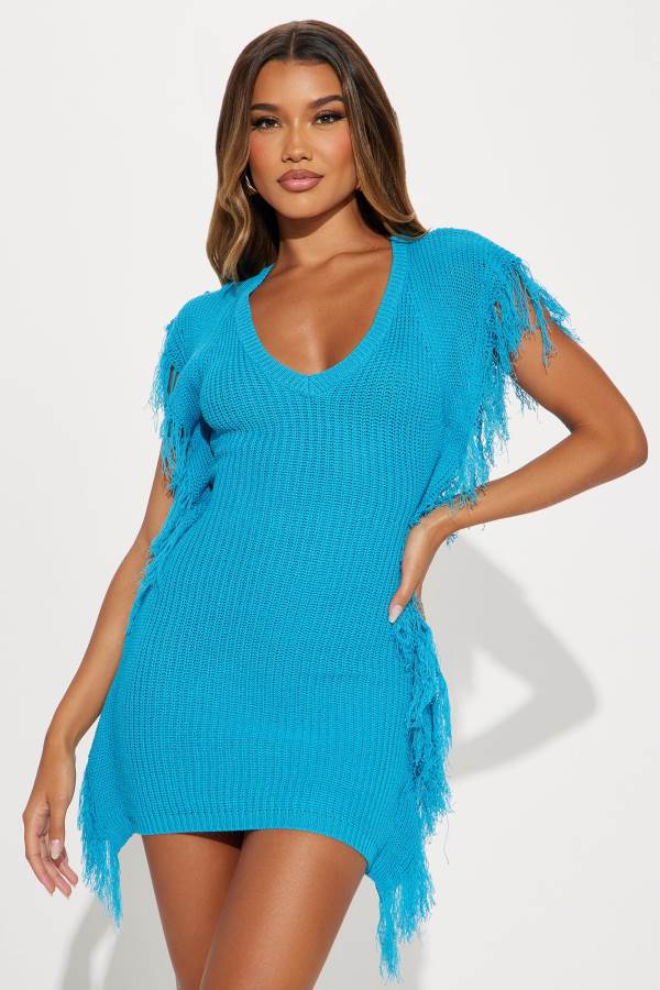 Blue Fashion Nova Fay Fringe Knit Mini Women Dress USA | 918345CYZ