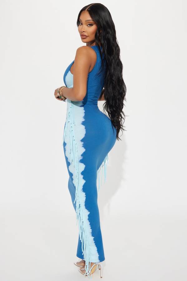 Blue Fashion Nova Makenzie Fringe Maxi Women Dress USA | 049357HZL