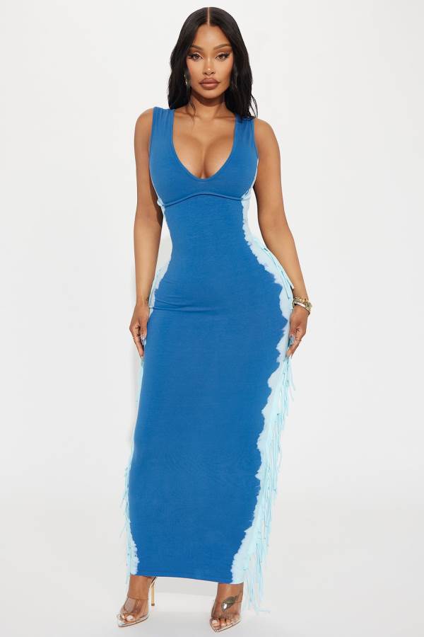 Blue Fashion Nova Makenzie Fringe Maxi Women Dress USA | 049357HZL