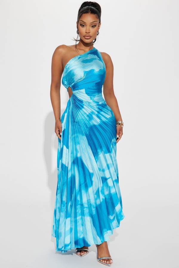 Blue Fashion Nova Nicole Pleated Maxi Women Dress USA | 219836PIK