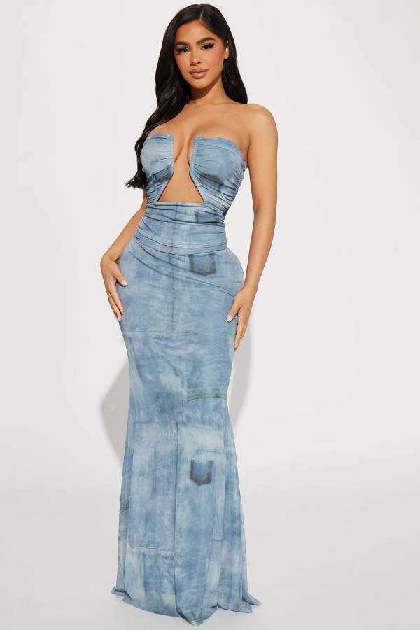 Blue Fashion Nova Ocean Mesh Maxi Women Dress USA | 649258HMV