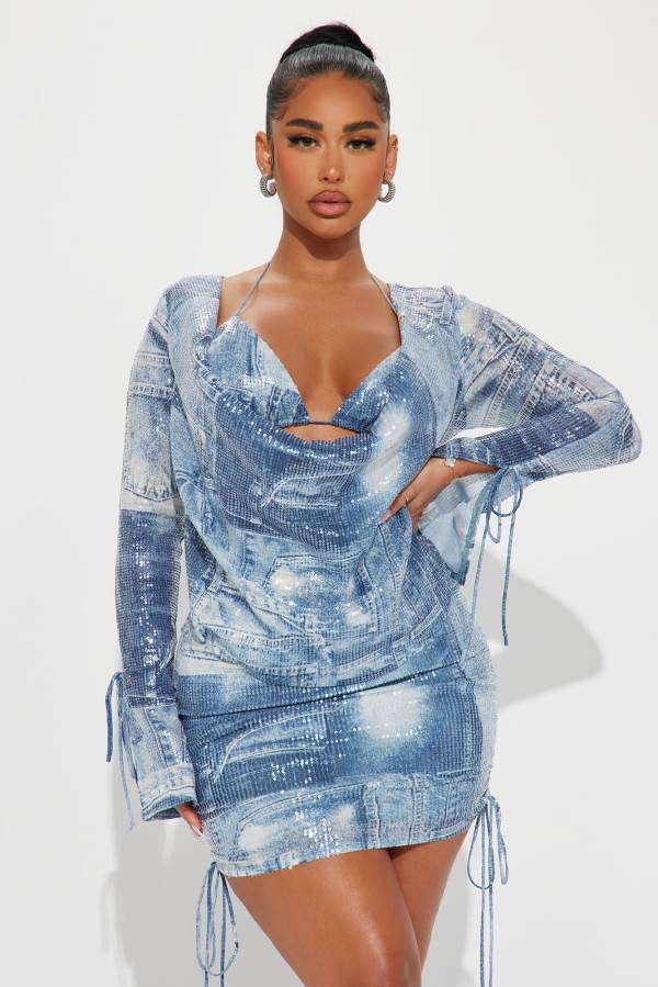 Blue Fashion Nova Zoe Sequin Mini Set Women Dress USA | 986054PXU