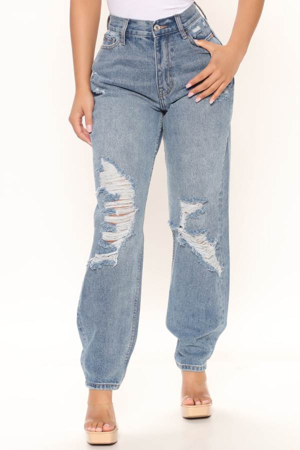 Blue Wash Fashion Nova Broke Your Heart Distressed Slim Mom Women Jeans USA | 982346GHQ