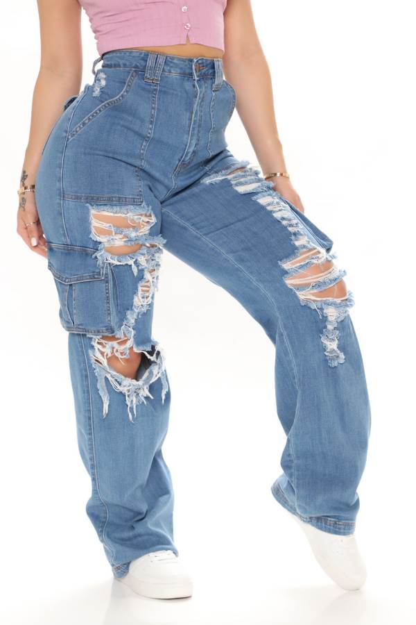 Blue Wash Fashion Nova Can't Be Knocked Down Cargo Boyfriend Women Jeans USA | 423608BOT