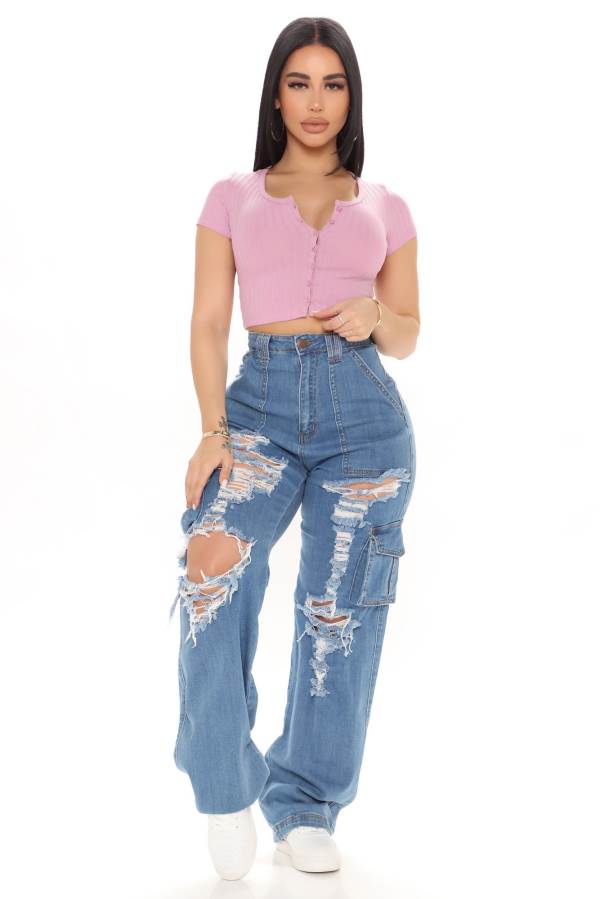 Blue Wash Fashion Nova Can\'t Be Knocked Down Cargo Boyfriend Women Jeans USA | 423608BOT