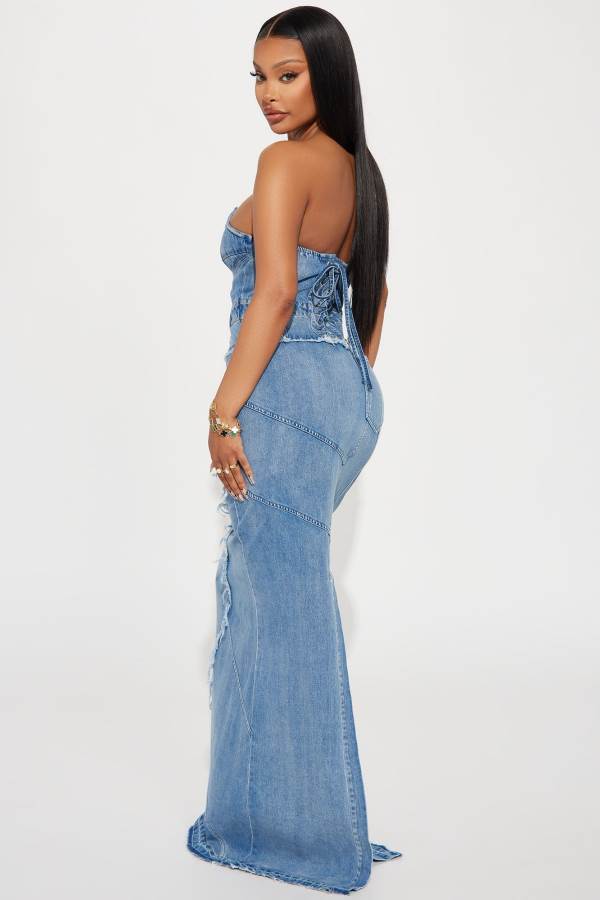 Blue Wash Fashion Nova Delilah Denim Maxi Women Dress USA | 716328FQY