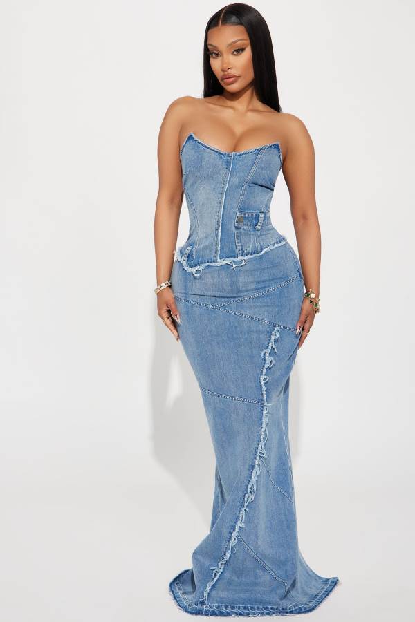 Blue Wash Fashion Nova Delilah Denim Maxi Women Dress USA | 716328FQY