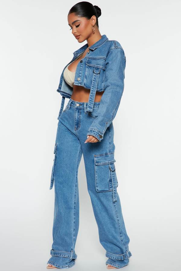 Blue Wash Fashion Nova Love Hurts Ankle Strap Cargo Women Jeans USA | 250836YKW