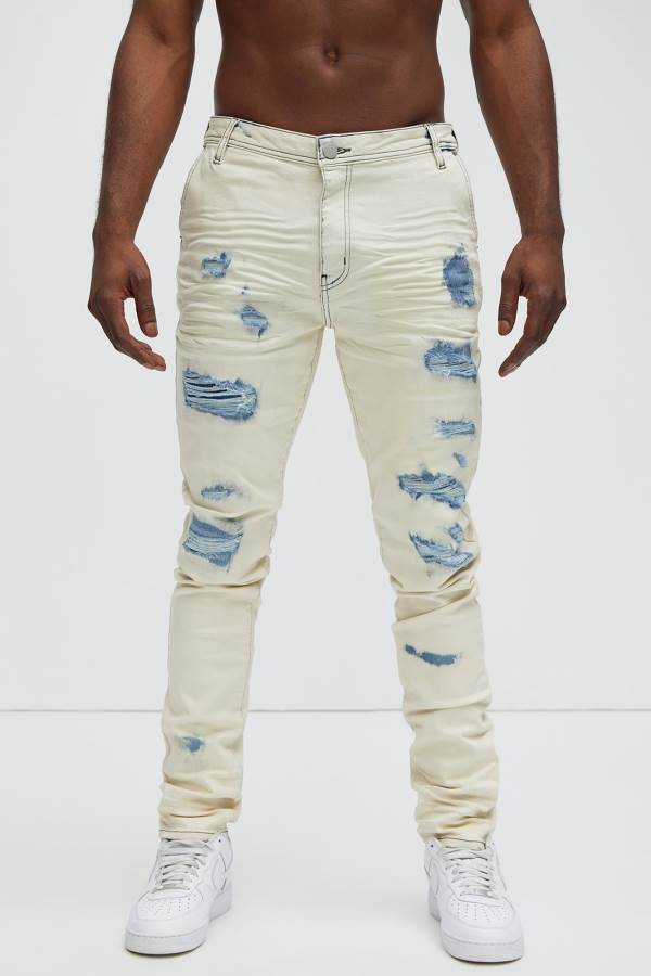 Blue Wash Fashion Nova Mansur Destroyed Skinny Men Jeans USA | 785029KUX