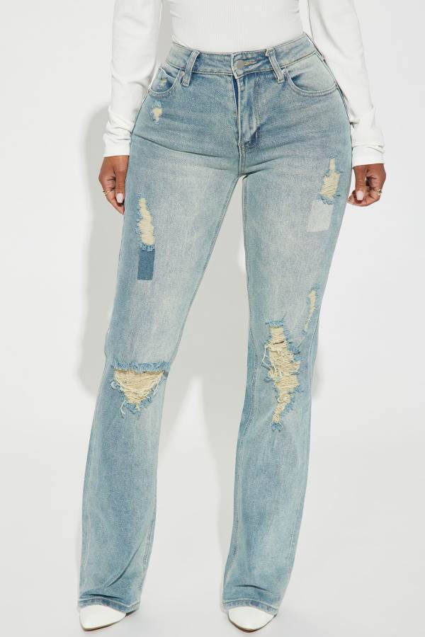 Blue Wash Fashion Nova Risk It All Ripped Straight Leg Women Jeans USA | 205768AIX