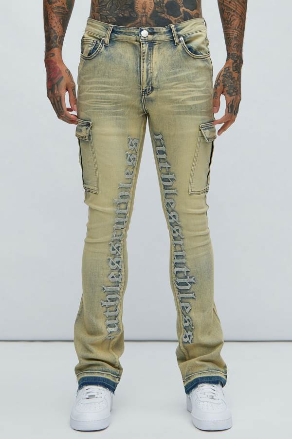 Blue Wash Fashion Nova Ruthless Embroidered Stacked Skinny Cargo Flare Men Jeans USA | 012598NVI