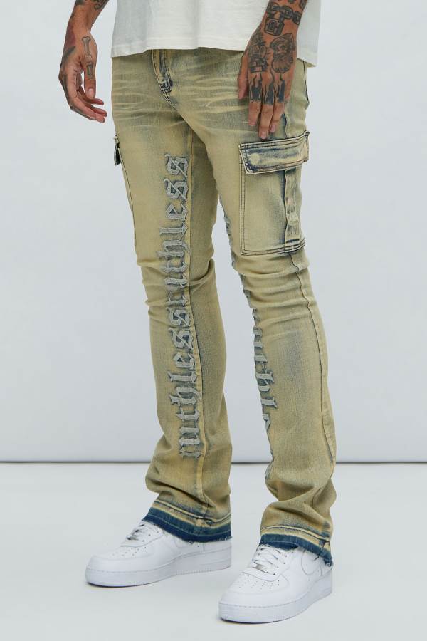 Blue Wash Fashion Nova Ruthless Embroidered Stacked Skinny Cargo Flare Men Jeans USA | 012598NVI