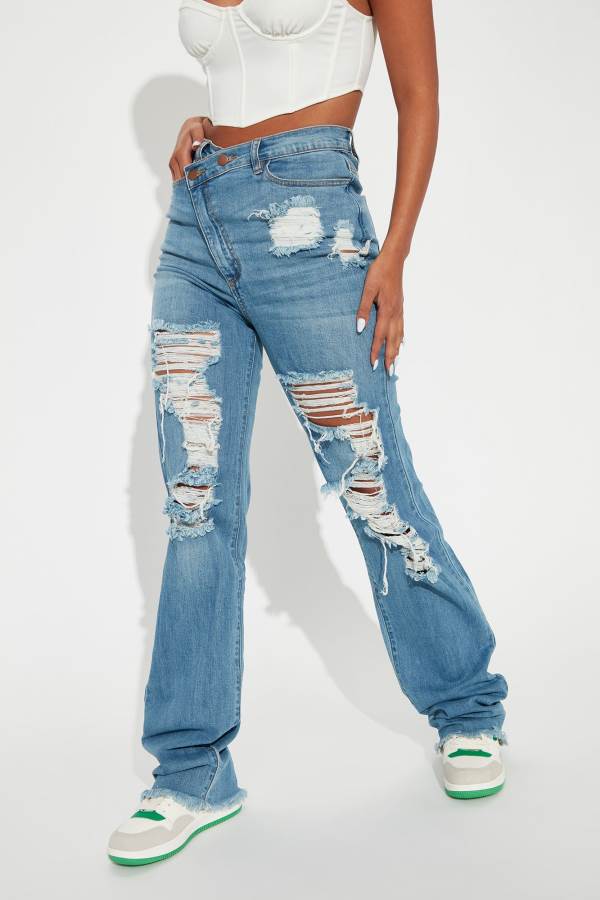 Blue Wash Fashion Nova Tall Don't Get Crossed Over Slouch Fit Women Jeans USA | 708413JYG