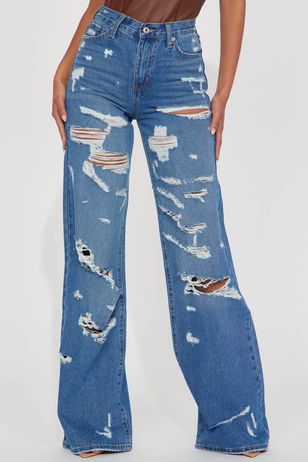 Blue Wash Fashion Nova Tall Super Destroyed Wide Leg Women Jeans USA | 691307CHZ