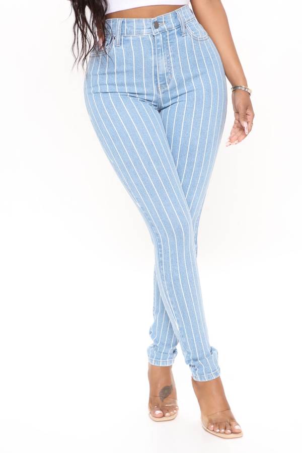 Blue Wash Fashion Nova You've Crossed The Line Striped Skinny Women Jeans USA | 396825GOX