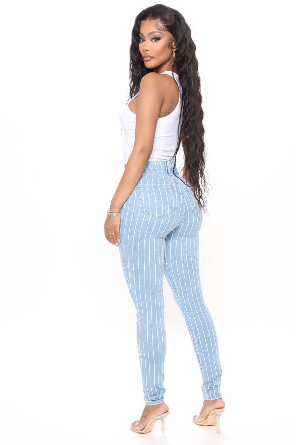 Blue Wash Fashion Nova You've Crossed The Line Striped Skinny Women Jeans USA | 396825GOX