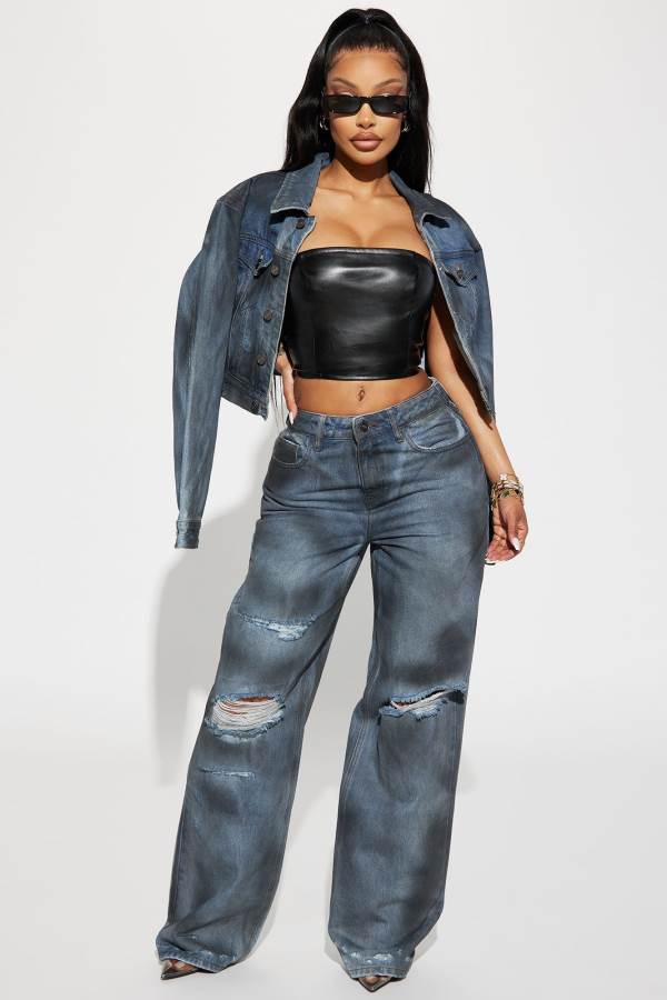 Blue / Black Fashion Nova Kensington Ripped Straight Leg Women Jeans USA | 408567LEB