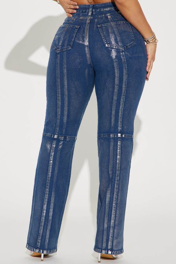 Blue / Silver Fashion Nova Seeing Silver Foil Straight Leg Women Jeans USA | 032716JAX