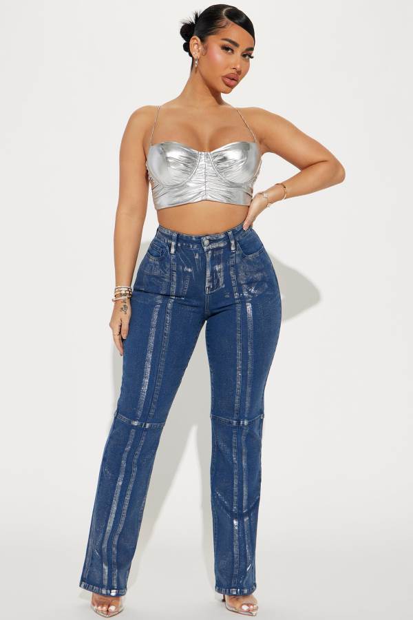 Blue / Silver Fashion Nova Seeing Silver Foil Straight Leg Women Jeans USA | 032716JAX