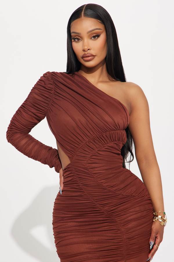 Brown Fashion Nova Arielle Mesh Midi Women Dress USA | 103426ING