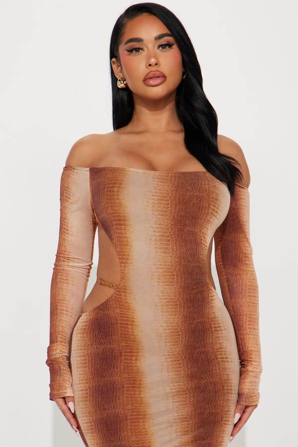 Brown Fashion Nova Body Moves Mesh Midi Women Dress USA | 589317ZKC