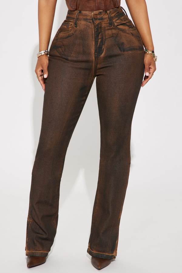 Brown Fashion Nova Bronzed Babe Coated Bootcut Women Jeans USA | 068243PTI