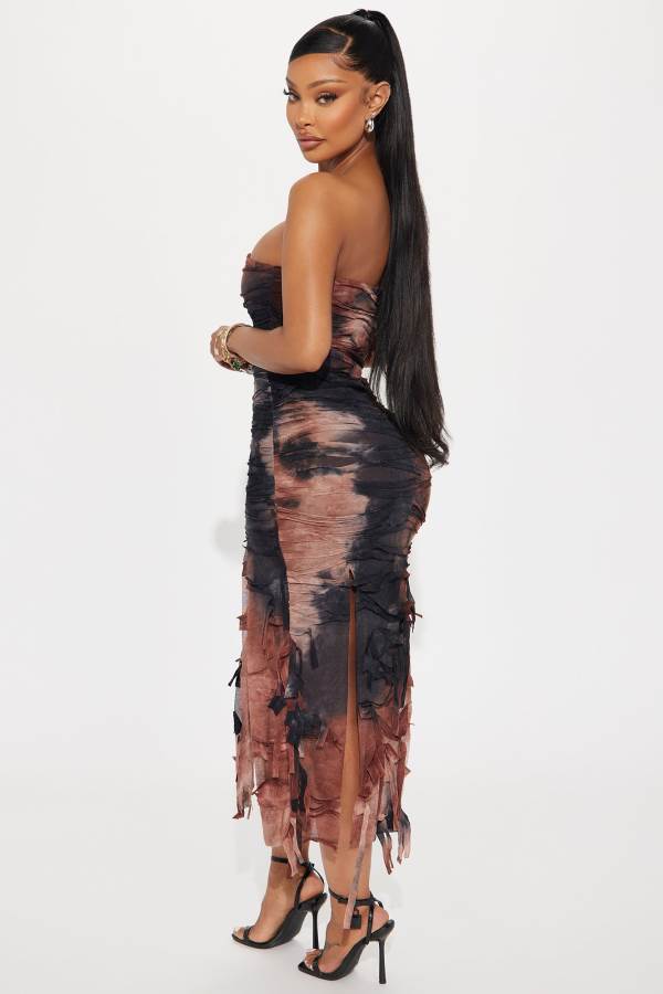 Brown Fashion Nova Destinee Distressed Midi Women Dress USA | 916347TCF