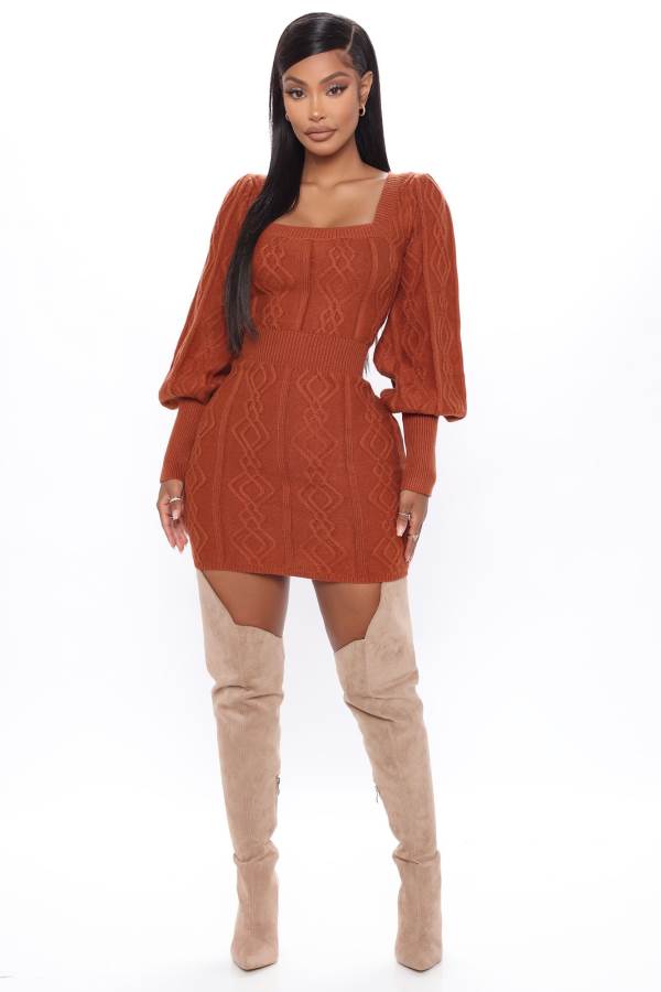 Brown Fashion Nova Hello Cutie Sweater Mini Women Dress USA | 723960EBR