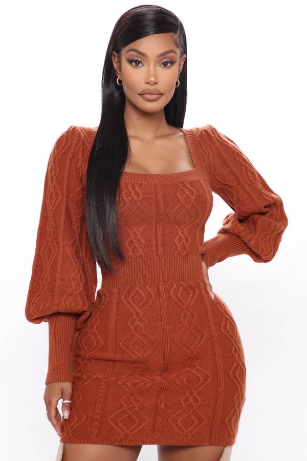 Brown Fashion Nova Hello Cutie Sweater Mini Women Dress USA | 723960EBR