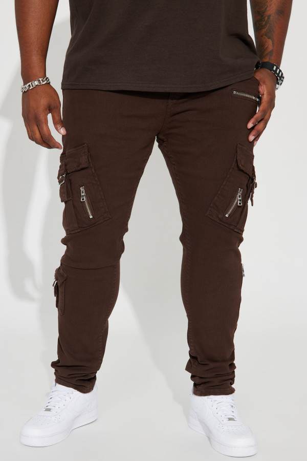 Brown Fashion Nova Inspect Me Cargo Stacked Skinny Men Jeans USA | 269713KJM