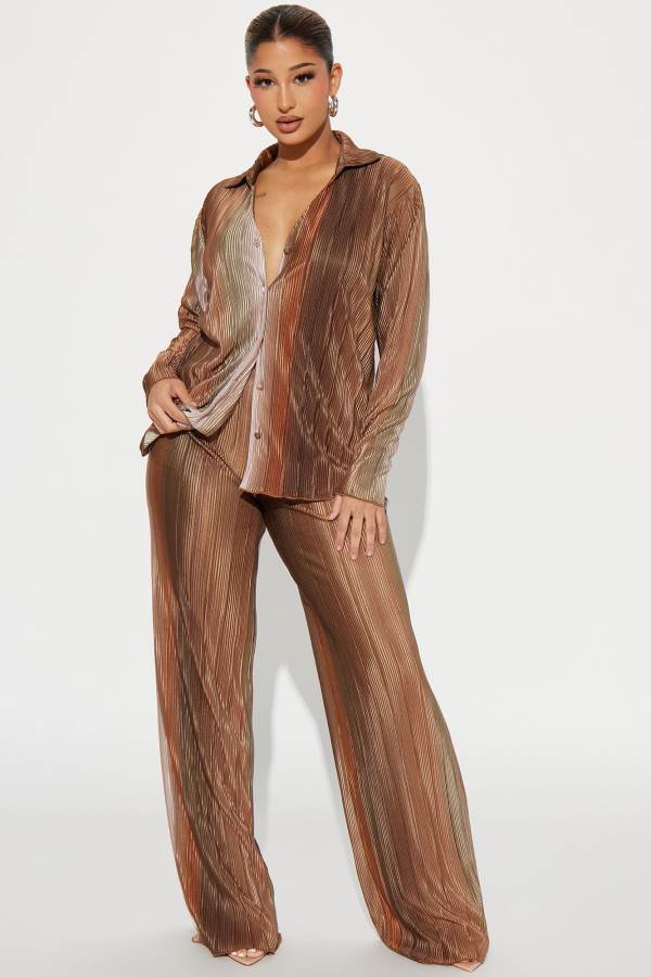 Brown Fashion Nova Isabel Shimmer Plisse Pant Set Women Pants USA | 275349NJW