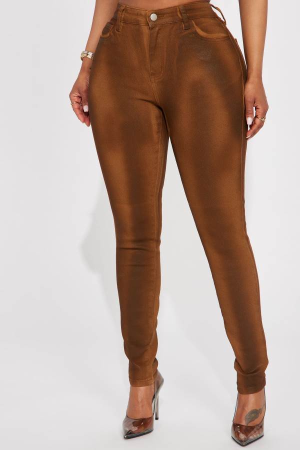 Brown Fashion Nova Main Priority Coated Skinny Women Jeans USA | 417082DJK