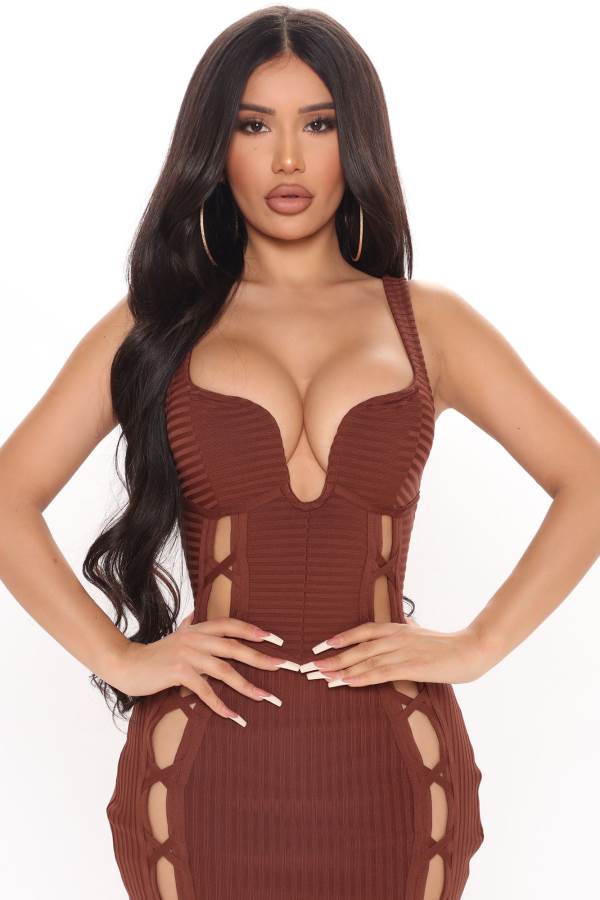 Brown Fashion Nova No Cuts Given Bandage Midi Women Dress USA | 173580WJS