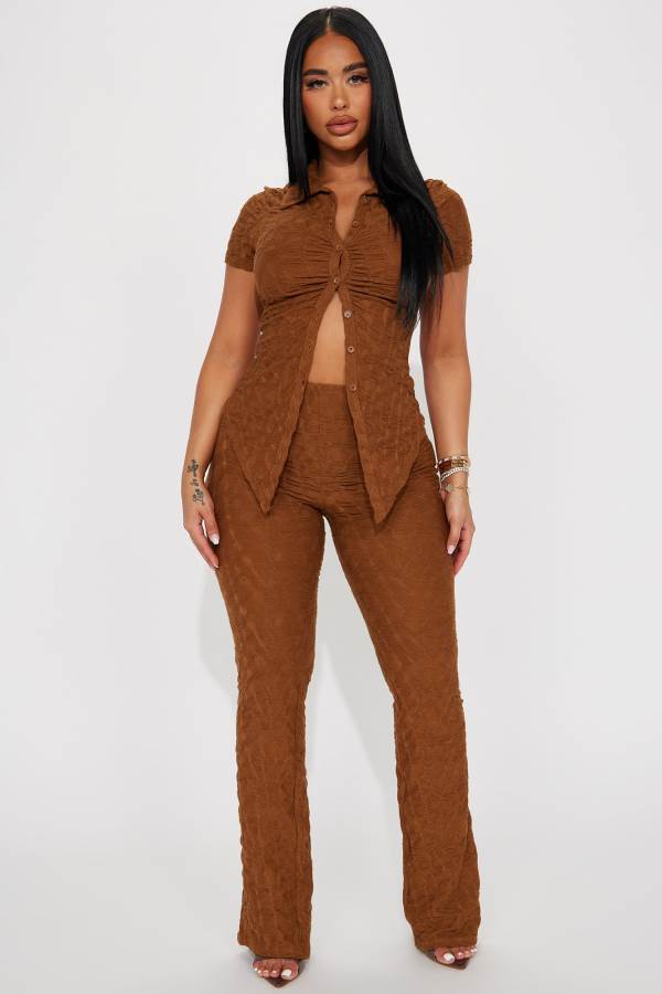 Brown Fashion Nova Petite Liliana Short Sleeve Pant Set Women Pants USA | 163079RLO