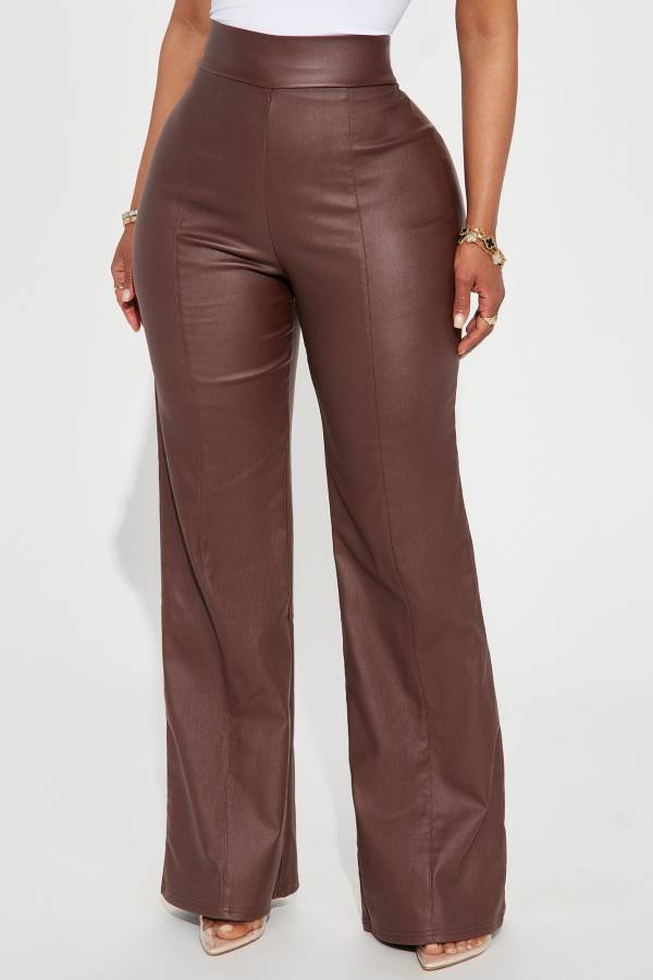 Brown Fashion Nova Petite Victoria High Waisted Faux Leather 32 Women Pants USA | 963781OXG