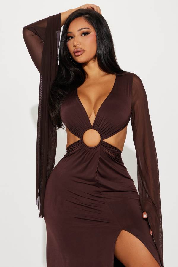 Brown Fashion Nova Sarah Long Sleeve Maxi Women Dress USA | 102635UDY