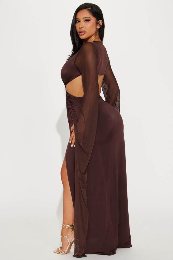 Brown Fashion Nova Sarah Long Sleeve Maxi Women Dress USA | 102635UDY