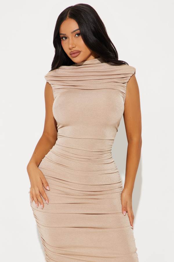 Brown Fashion Nova Sofie Ruched Maxi Women Dress USA | 418957CIX