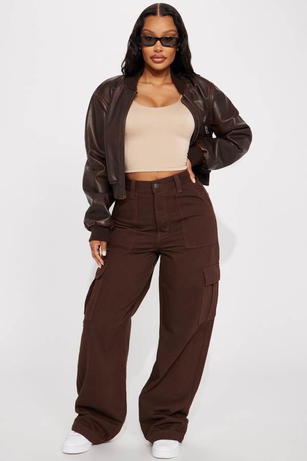 Brown Fashion Nova Unbothered Easy Non Stretch Cargo Women Jeans USA | 713602ZFJ