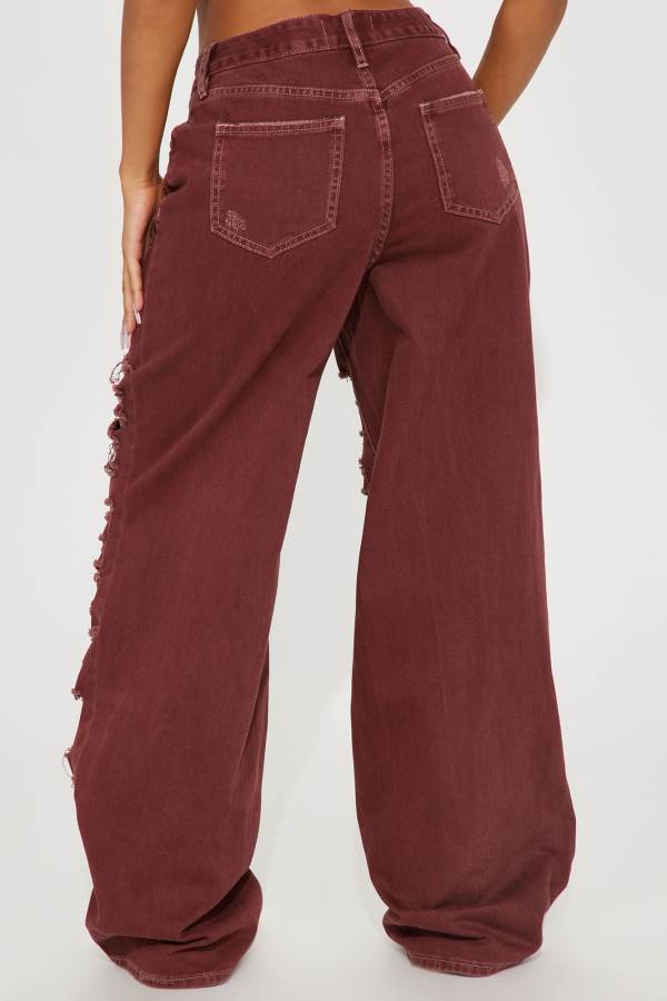 Burgundy Fashion Nova Big Dreams Non Stretch Ripped Wide Leg Baggy Women Jeans USA | 065973ARH