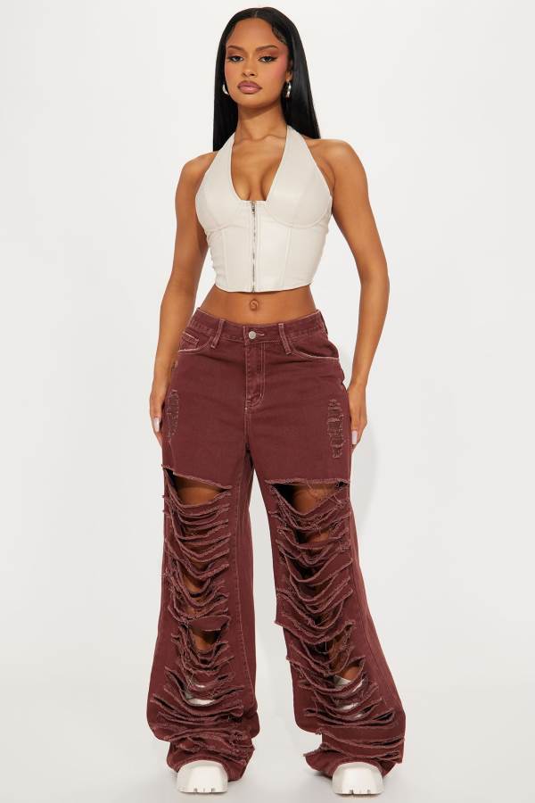 Burgundy Fashion Nova Big Dreams Non Stretch Ripped Wide Leg Baggy Women Jeans USA | 065973ARH