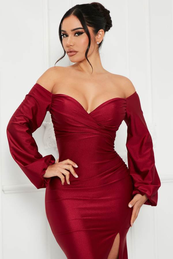 Burgundy Fashion Nova Denise Off Shoulder Maxi Women Dress USA | 084726USM