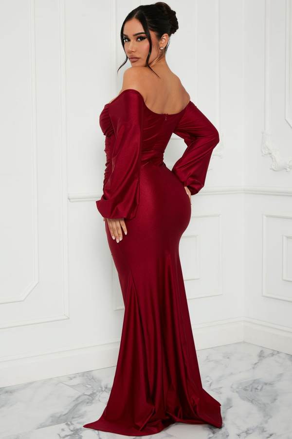 Burgundy Fashion Nova Denise Off Shoulder Maxi Women Dress USA | 084726USM