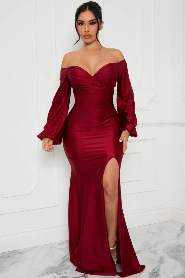 Burgundy Fashion Nova Denise Off Shoulder Maxi Women Dress USA | 084726USM