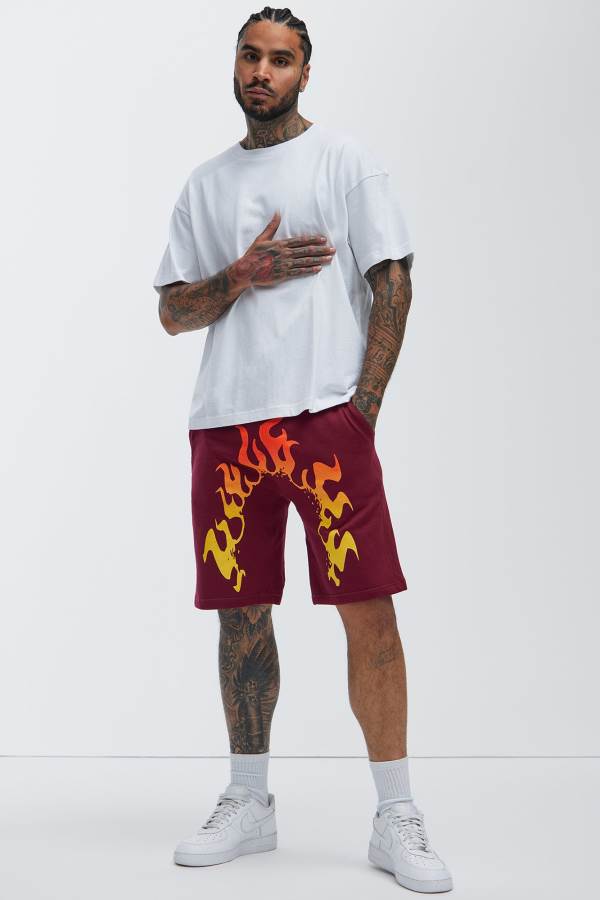 Burgundy Fashion Nova Hot Fiya Men Sweatshorts USA | 593486HEM