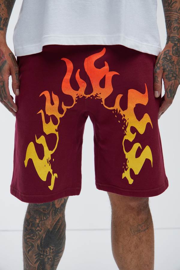 Burgundy Fashion Nova Hot Fiya Men Sweatshorts USA | 593486HEM